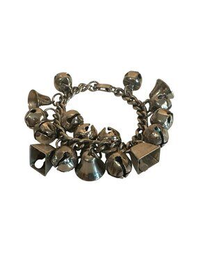 VTG Silver Tone Charm Bracelet  Jingle Bells & Geometric Shapes 7 Inches Chunky